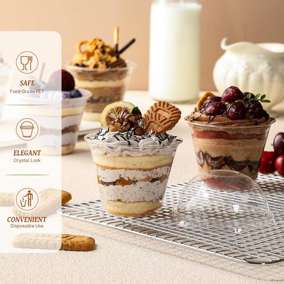 50 Sets 9 oz Clear Dessert Cups with Dome Lids No Hole for Parfait Fruit Cake - Picture 5 of 7